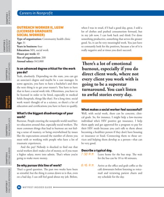 Careers in Nonprofit
34 WETFEET INSIDER GUIDE
CHAPTER1
ataGlance
CHAPTER2
nonprofit
overview
CHAPTER3
Opportunities
CHAPTER5
TheWorkplace
CHAPTER6
GettingHired
CHAPTER7
ForYourReference
CHAPTER4
OntheJob
Outreach worker II, LGSW
(Licensed Graduate
Social Worker)
Type of organization: Community health clinic 
Age: 31 
Years in business: four 
Education: MA, social work  
Hours per week: 40 
Size of organization: 200 
Annual salary: $43,000
Is an advanced degree critical for the work
you do?
Yeah, absolutely. Depending on the state, you can get
an associate’s degree and maybe be a case manager. In
some agencies, you have to have a bachelor’s and then
the next thing is to get your master’s. You have to have
that to have a social work title. Oftentimes, you have to
be licensed in order to be hired, especially in medical
fields (hospitals, things like that). For a long time, social
work wasn’t thought of as a science, so there’s a lot of
education and certifications you have to have to qualify.
What’s the biggest disadvantage of your
work?
Burnout. People entering the nonprofit world need bet-
ter education around that, especially social workers. The
most common things that lead to burnout are not feel-
ing a sense of mastery, or being overwhelmed by issues
like the expectations around the number of clients you
meet with or working with people who have a lot of
traumatic experiences.
And the pay! Nobody is shocked to find out that
social workers don’t make a lot of money, so if you want
a higher salary, move into admin. That’s where you’re
going to make more money.
So why pursue this line of work?
That’s a good question. The past two weeks have been
so stressful, but the thing it comes down to is that, even
on a bad day, I can still feel good about my job. Before,
when I was in retail, if I had a good day, great, I sold a
lot of clothes and pushed consumerism forward, but
in my job now, I can look back and think I’ve done
something productive, something that serves the greater
good. So, it can be very meaningful work. You just have
to constantly look for the positives, because a lot of it is
really negative and at times you don’t succeed.
What makes a social worker feel successful?
Well, with social work, there can be concrete, clini-
cal goals. So, for instance, I might help a low-income
individual who’s HIV positive get insurance. I help
them apply and get approved for a program to pay for
their HIV meds because you can’t talk to them about
becoming a healthier person if they don’t have housing
or insurance or food. Connecting them to those ser-
vices and helping them develop as a person—that can
be very good.
Describe a typical day.
7:50 a.m. Leave home for the bus stop. The wait
for the bus can be 10 to 40 minutes.
8:45 a.m. Arrive at the office and grab coffee at the
café downstairs before listening to voice-
mail and reviewing patient charts and
my schedule for the day.
There’s a lot of emotional
burnout, especially if you do
direct client work, where not
every client you work with is
going to be a superstar
turnaround. You can’t listen
to awful stories every day.
 