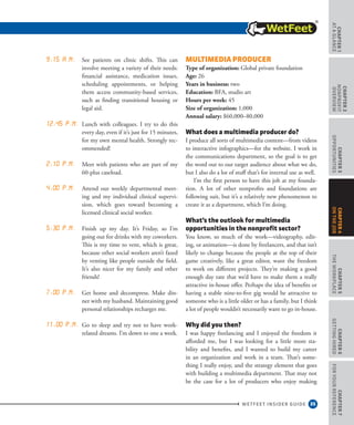 35
CHAPTER1
ataGlance
WETFEET INSIDER GUIDE
CHAPTER2
nonprofit
overview
CHAPTER3
Opportunities
CHAPTER5
TheWorkplace
CHAPTER6
GettingHired
CHAPTER7
ForYourReference
CHAPTER4
OntheJob
9:15 a.m. See patients on clinic shifts. This can
involve meeting a variety of their needs:
financial assistance, medication issues,
scheduling appointments, or helping
them access community-based services,
such as finding transitional housing or
legal aid.
12:45 p.m. Lunch with colleagues. I try to do this
every day, even if it’s just for 15 minutes,
for my own mental health. Strongly rec-
ommended!
2:10 p.m. Meet with patients who are part of my
60-plus caseload.
4:00 p.m. Attend our weekly departmental meet-
ing and my individual clinical supervi-
sion, which goes toward becoming a
licensed clinical social worker.
5:30 p.m. Finish up my day. It’s Friday, so I’m
going out for drinks with my coworkers.
This is my time to vent, which is great,
because other social workers aren’t fazed
by venting like people outside the field.
It’s also nicer for my family and other
friends!
7:00 p.m. Get home and decompress. Make din-
ner with my husband. Maintaining good
personal relationships recharges me.
11:00 p.m. Go to sleep and try not to have work-
related dreams. I’m down to one a week.
Multimedia producer
Type of organization: Global private foundation 
Age: 26 
Years in business: two 
Education: BFA, studio art  
Hours per week: 45 
Size of organization: 1,000 
Annual salary: $60,000–80,000
What does a multimedia producer do?
I produce all sorts of multimedia content—from videos
to interactive infographics—for the website. I work in
the communications department, so the goal is to get
the word out to our target audience about what we do,
but I also do a lot of stuff that’s for internal use as well.
I’m the first person to have this job at my founda-
tion. A lot of other nonprofits and foundations are
following suit, but it’s a relatively new phenomenon to
create it as a department, which I’m doing.
What’s the outlook for multimedia
opportunities in the nonprofit sector?
You know, so much of the work—videography, edit-
ing, or animation—is done by freelancers, and that isn’t
likely to change because the people at the top of their
game creatively, like a great editor, want the freedom
to work on different projects. They’re making a good
enough day rate that we’d have to make them a really
attractive in-house offer. Perhaps the idea of benefits or
having a stable nine-to-five gig would be attractive to
someone who is a little older or has a family, but I think
a lot of people wouldn’t necessarily want to go in-house.
Why did you then?
I was happy freelancing and I enjoyed the freedom it
afforded me, but I was looking for a little more sta-
bility and benefits, and I wanted to build my career
in an organization and work in a team. That’s some-
thing I really enjoy, and the strategy element that goes
with building a multimedia department. That may not
be the case for a lot of producers who enjoy making
 