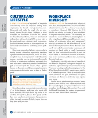 Careers in Nonprofit
46 WETFEET INSIDER GUIDE
CHAPTER1
ataGlance
CHAPTER2
nonprofit
overview
CHAPTER3
Opportunities
CHAPTER4
OntheJob
CHAPTER6
GettingHired
CHAPTER7
ForYourReference
CHAPTER5
TheWorkplace
Workplace
Diversity
› Perhaps one of the most pervasive mispercep-
tions about the nonprofit sector is that it has an ethni-
cally diverse workforce. Not so. As a survey conducted
by consultancy Nonprofit HR Solutions in 2010
revealed, the median percentage of white employees
at nonprofits totaled 80 percent. The causes vary, but
certainly the sector’s inability to attract employees of
color is significant and likely caused by chronic under-
funding of recruitment efforts and management’s
reluctance to improve the HR skills of its staff. In the
absence of strong recruitment efforts, the sector leans
heavily on word-of-mouth referrals, which means job
openings are shared within a racially homogenous
pool. For those employees of color who do enter the
sector, reports of tokenism or alienation in the work-
place are not uncommon, and some leave, maintaining
the sector’s pale cast.
Gender parity, especially as it relates to leadership, is
also skewed in nonprofits. Although the nonprofit sec-
tor features a predominantly female workforce (nearly
75 percent, according to a benchmarking report by The
White House Project in 2009), men occupy a majority
of its leadership positions. There are multiple reasons
for the imbalance, but again, recruitment is a signifi-
cant factor, as is the need to develop the talent pipeline
more keenly.
Another area in which you might encounter homo-
geneity is in the political views held by nonprofit staff.
This is caused, in part, to organizational missions. You’d
have a hard time finding pro-life coworkers if you work
for Planned Parenthood, for instance, or gun-control
advocates at the National Rifle Association.
Culture and
Lifestyle
› Head counts for a large swath of nonprofits
don’t typically exceed 50 employees, lending many
organizations the feel of a startup: informal, non-
hierarchical, and staffed by people who are emo-
tionally invested in their work. Employees in larger
nonprofits and foundations, such as the Red Cross or
the Rockefeller Foundation, which are international
and can have staffs numbering 1,000 or more, enjoy a
far more formal—even corporate—work environment.
Job duties between positions in such organizations are
more clearly delineated too, establishing a stark peck-
ing order.
However, at nonprofits of all sizes, employees feel a
kinship with the values of the organization. It’s almost
a given in a sector driven by mission, vision, and ideals,
though the focus of an organization’s work will shade its
culture a particular cast. An environmental nonprofit
will tend to attract nature enthusiasts who spend their
time at the water cooler raving about a certain national
park or outdoor sport, for instance, while a person
focused on the arts is more likely to employ former arts
students eager to discuss the latest art show or Banksy
prank.
Generally speaking, most people in nonprofits work
45 to 50-plus hours per week—and often log the odd
hours: weekends, late nights before big events, or on
deadline. The upside is, because these groups usually
have more casual work environments than a corporate
office, you might have some flexibility in your time—as
long as the work gets done.
TIP
Many well-managed nonprofits recognize
you need a life outside work, no matter how
much you love your job. Some even require
employees to take “wellness” days.
 