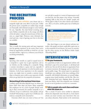 Careers in Nonprofit
52 WETFEET INSIDER GUIDE
CHAPTER1
ataGlance
CHAPTER2
nonprofit
overview
CHAPTER3
Opportunities
CHAPTER4
OntheJob
CHAPTER5
TheWorkplace
CHAPTER7
ForYourReference
CHAPTER6
GettingHired
The Recruiting
Process
› Finding and landing your dream job in a
nonprofit might take some effort on your part. Unlike
the private sector, nonprofits are neither large enough
nor financially well-endowed enough to come looking
for you. Typically, they lack formal recruiting struc-
tures. Rather, nonprofits rely on the energy and efforts
of the job seeker—using the attractiveness of their mis-
sion as a signal light. However, some informal—but
tried and true—ways of getting your foot in the door
are available.
Volunteer
This is usually the starting point and most important
way for gaining experience in the sector. Once you’ve
found an organization you’d like to work for—or even
one that’s similar—sign on as a volunteer, even if they’re
not hiring immediately.
Intern
Spending a few months as a paid or unpaid intern in
a nonprofit is a great way to gain experience and to
see whether you like working for a nonprofit. Doing
a summer internship is a great trial run, especially if
most of your work experience is in the for-profit sector.
Likewise, if all of your experience is in the nonprofit
sector, you might want to consider a summer intern-
ship in a business, just to add to your repertoire of skills
when you go back into the nonprofit environment.
Networking  Informational Interviews
Landing a great job often depends more on whom you
know rather than what you know. Many nonprofits
hire employees out of a circle of people already work-
ing in their community for another nonprofit or as a
volunteer. So go to conferences, meet people, and get
involved! Volunteering is a great way to build your net-
work at a nonprofit you’re interested in.
Uncertain which issue you want to focus on? Get
out and talk to people in a variety of organizations until
you find the area that piques your interest. Generally
speaking, folks in this sector are “people” people and
will be glad to help if you show interest and enthusi-
asm. This is, of course, another great way to build your
network.
Also, don’t forget to use your alumni and peer net-
works—the people you know could offer a great way in
to the nonprofit of your dreams. For more on network-
ing for career success, see the WetFeet Insider Guide,
Networking Works!
Interviewing Tips
Do your homework.
It’s a good idea to look at an organization’s website and
download a copy of its annual report, or call ahead and
ask for one. You can tell a lot about an organization from
its mission statement, the language used in its literature,
and its public image. The annual report (or equivalent)
should give you a glimpse of the inner workings of the
nonprofit, with detailed information on annual budget,
program areas, board members, and the like. Also con-
sider obtaining local news clippings about the group
from your library. And if the nonprofit runs a business,
be sure to test its products or services as a consumer.
Talk to people who work there and know
what the issues are.
This is crucial. If you’ve never worked in education
reform but desperately want that job at a local charter
school, you must convince your interviewer why you
care about education. Read articles in the mainstream
TIP
The informational interview is often a
good route. The nonprofit might not have an
opening but know of an organization that
does and can refer you, so you can start
creating a network.
 