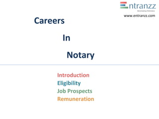 Careers
In
Notary
Introduction
Eligibility
Job Prospects
Remuneration
www.entranzz.com
 