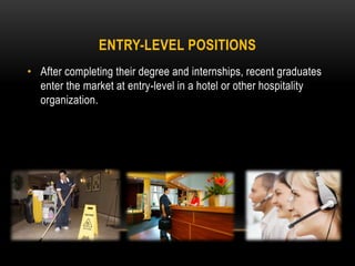 ENTRY-LEVEL POSITIONS
• After completing their degree and internships, recent graduates
enter the market at entry-level in a hotel or other hospitality
organization.
 