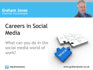 Careers in Social
Media
What can you do in the
social media world of
work?


  @grahamjones           www.grahamjones.co.uk
 