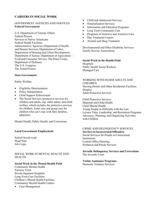 CAREERS IN SOCIAL WORK
                                                        •   Child and Adolescent Services
GOVERNMENT AGENCIES AND SERVICES                        •   Hospitalization Services
Federal Government                                      •   Information and Education Programs
                                                        •   Long Term Community Care
U.S. Department of Veteran Affairs                      •   Programs of Intensive and Assertive Care
Federal Prisons                                         •   Day Treatment Centers
Services to Native Americans
                                                        •   Alcohol and Drug Treatment
Federal Health Facilities
Administrative Agencies (Department of Health
                                                        Developmental and Other Disability Services
and Human Services; Department of Labor,
                                                        Family Service Associations
Department of Housing and Urban Development,
Department of Justice; Department of Agriculture –
Food and Consumer Service; The Peace Corps;
                                                        Social Work in the Health Field
Department of Defense)
                                                        Hospitals
The U.S. Congress
                                                        Public Health Social Workers
The Armed Forces
                                                        Managed Care
State Government
                                                        WORKING WITH OLDER ADULTS AND
Public Welfare
                                                        CHILDREN
                                                        Nursing Homes and Other Residential Facilities
•   Eligibility Determination                           Hospice
•   Policy Interpretation                               Adult Protective Services
•   Child Support Enforcement
•   The Social Services (protective services for        Child Protective Services
    children and adults, esp. older adults, and child   Maternal and Child Health
    welfare, which includes the protective services     Child Mental Health
    for children, foster care and group care for        Young People in Difficulty with the Law
    children who can’t stay with their families,        Leisure Time, Leadership, and Recreation Programs
    adoption).                                          Advocacy, Planning, and Organizing Activities
                                                        with Children
Mental Health, Public Health, and Corrections

                                                        CRIME AND DELINQUENCY SERVICES
Local Government Employment                             Services to Incarcerated Offenders
                                                        Social Services for People in Correctional
School Social work                                      Institutions
Head Start                                              Central Office Planning
Job Corps                                               Probation and Parole Services

                                                        Juvenile Delinquency Services and Corrections
SOCIAL WORK IN MENTAL HEALTH AND                        The Juvenile Court
HEALTH
                                                        Victim Assistance Programs
Social Work in the Mental Health Field                  Domestic Violence Services
Community Mental Health
Forensic Units
Private Inpatient Hospitals
Long-Term Care Facilities
Children’s Mental Health Facilities
Community Mental Health Centers
• Case Management
 