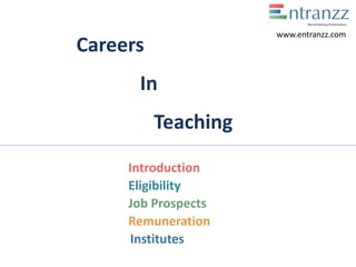 Careers
In
Teaching
Introduction
Eligibility
Job Prospects
Remuneration
Institutes
www.entranzz.com
 