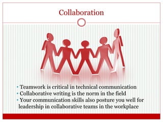 Collaboration
• Teamwork is critical in technical communication
• Collaborative writing is the norm in the field
• Your communication skills also posture you well for
leadership in collaborative teams in the workplace
 