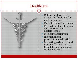 Healthcare
 Editing or ghost-writing
articles by physicians for
medical journals
 Patient-oriented web sites
 Flyers describing illnesses
and treatments, for
doctors‟ offices
 Medical transcription
 Instructions for
prescription medication
 Marketing collaterals and
web sites for for-profit
hospitals, pharmaceutical
companies, etc.
 