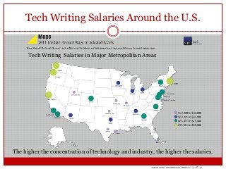 Tech Writing Salaries Around the U.S.
Tech Writing Salaries in Major Metropolitan Areas
The higher the concentration of technology and industry, the higher the salaries.
 
