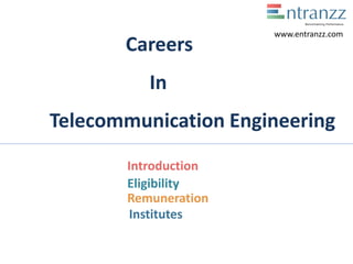 Careers
In
Telecommunication Engineering
Introduction
Eligibility
Remuneration
Institutes
www.entranzz.com
 