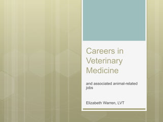 Careers in
Veterinary
Medicine
and associated animal-related
jobs
Elizabeth Warren, LVT
 