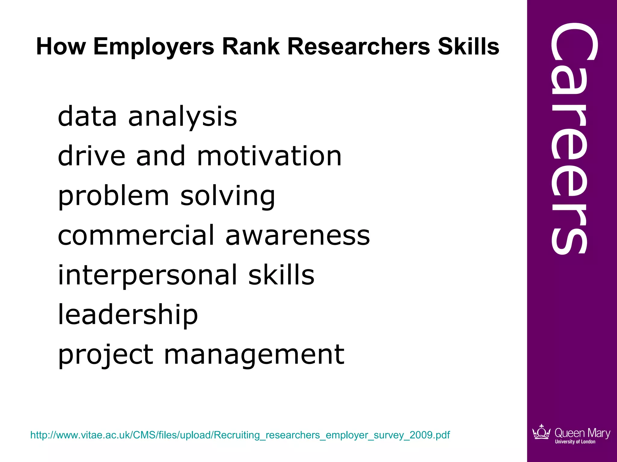 Careers
 How Employers Rank Researchers Skills

     data analysis
     drive and motivation
     problem solving
     commercial awareness
     interpersonal skills
     leadership
     project management

http://www.vitae.ac.uk/CMS/files/upload/Recruiting_researchers_employer_survey_2009.pdf
 