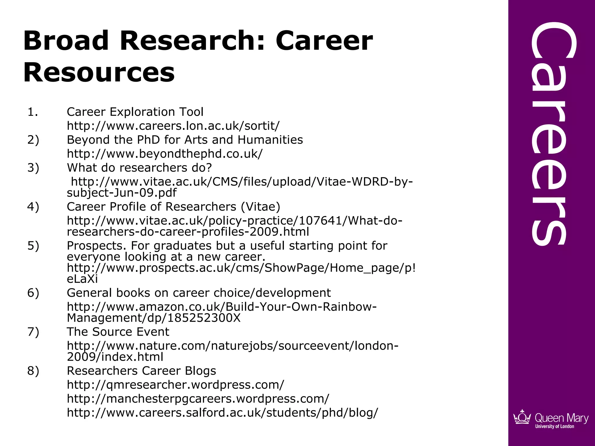 Careers
Broad Research: Career
Resources
1.   Career Exploration Tool
     http://www.careers.lon.ac.uk/sortit/
2)   Beyond the PhD for Arts and Humanities
     http://www.beyondthephd.co.uk/
3)   What do researchers do?
      http://www.vitae.ac.uk/CMS/files/upload/Vitae-WDRD-by-
     subject-Jun-09.pdf
4)   Career Profile of Researchers (Vitae)
     http://www.vitae.ac.uk/policy-practice/107641/What-do-
     researchers-do-career-profiles-2009.html
5)   Prospects. For graduates but a useful starting point for
     everyone looking at a new career.
     http://www.prospects.ac.uk/cms/ShowPage/Home_page/p!
     eLaXi
6)   General books on career choice/development
     http://www.amazon.co.uk/Build-Your-Own-Rainbow-
     Management/dp/185252300X
7)   The Source Event
     http://www.nature.com/naturejobs/sourceevent/london-
     2009/index.html
8)   Researchers Career Blogs
     http://qmresearcher.wordpress.com/
     http://manchesterpgcareers.wordpress.com/
     http://www.careers.salford.ac.uk/students/phd/blog/
 