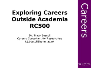 Careers
Exploring Careers
Outside Academia
     RC500
           Dr. Tracy Bussoli
 Careers Consultant for Researchers
       t.j.bussoli@qmul.ac.uk
 