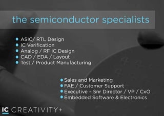 CREATIVIT Y+
the semiconductor specialists
Sales and Marketing 
FAE / Customer Support 
Executive – Snr Director / VP / CxO  
Embedded Software & Electronics
ASIC/ RTL Design 
IC Veriﬁcation 
Analog / RF IC Design 
CAD / EDA / Layout 
Test / Product Manufacturing
 