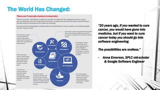 The World Has Changed:
”20 years ago, if you wanted to cure
cancer, you would have gone into
medicine, but if you want to cure
cancer today you should go into
software engineering.
The possibilities are endless.”
- Anna Emerson, SPLC old-scholar
& Google Software Engineer
 