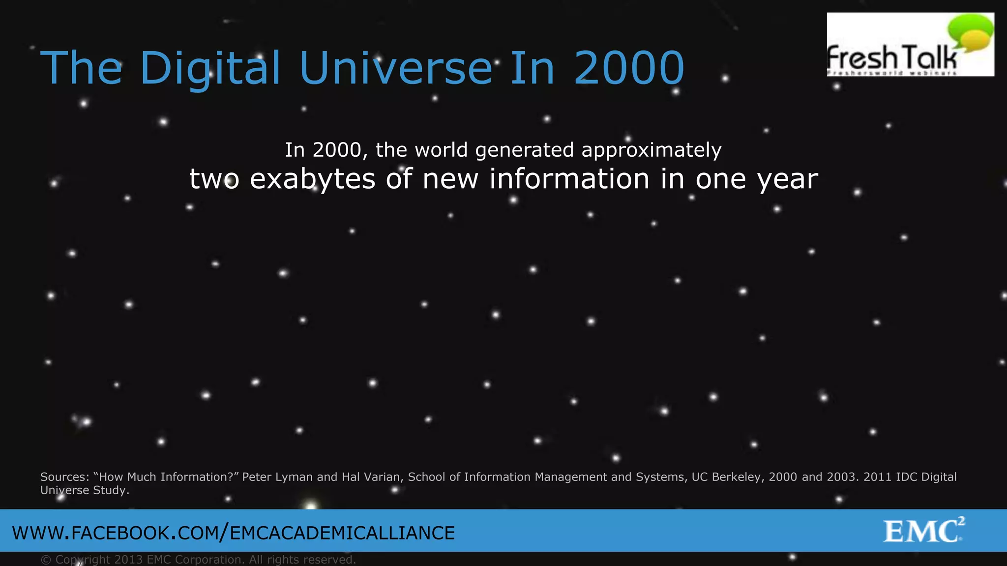 © Copyright 2013 EMC Corporation. All rights reserved.
WWW.FACEBOOK.COM/EMCACADEMICALLIANCE
Sources: “How Much Information?” Peter Lyman and Hal Varian, School of Information Management and Systems, UC Berkeley, 2000 and 2003. 2011 IDC Digital
Universe Study.
The Digital Universe In 2000
In 2000, the world generated approximately
two exabytes of new information in one year
 