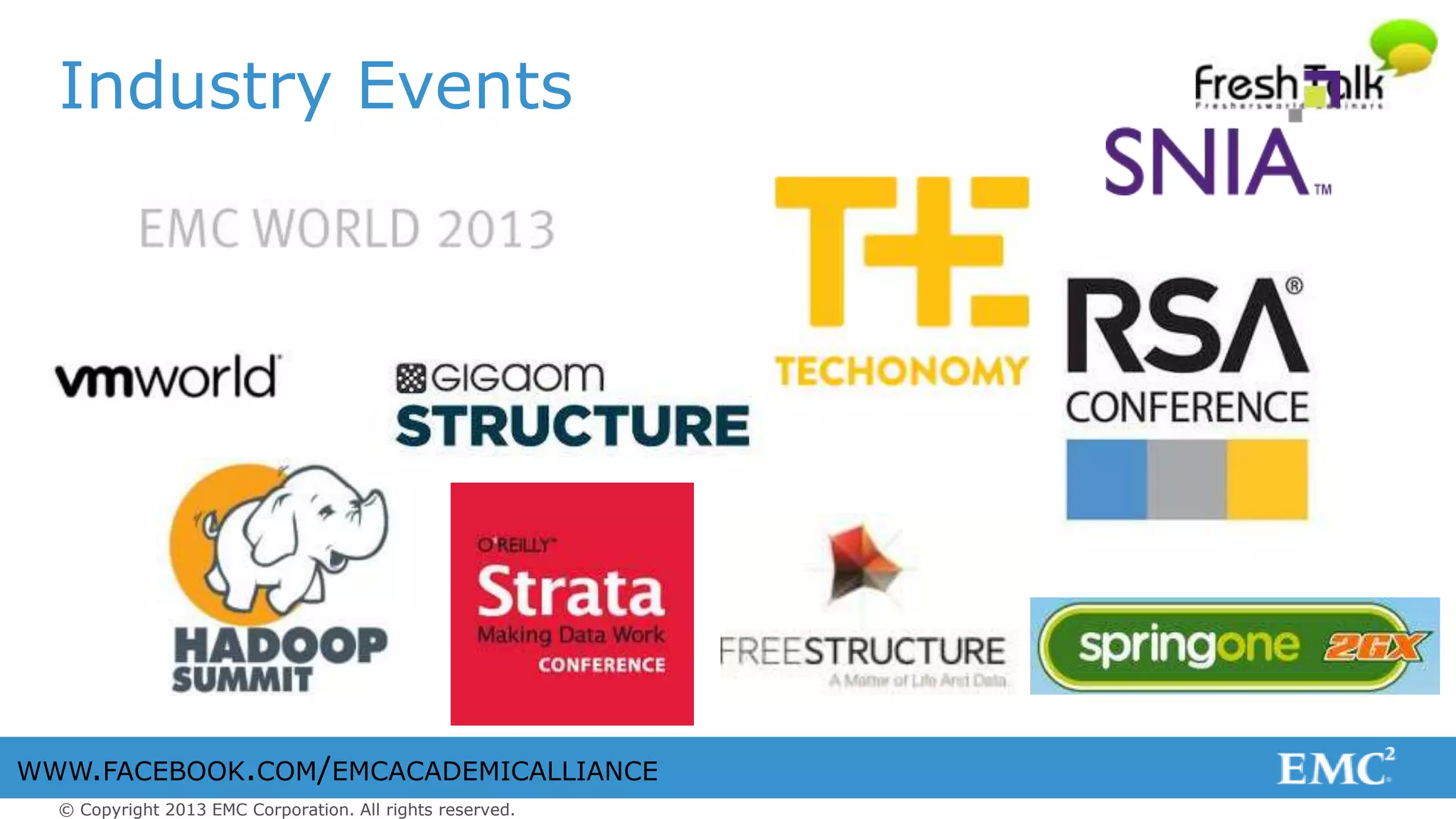 © Copyright 2013 EMC Corporation. All rights reserved.
WWW.FACEBOOK.COM/EMCACADEMICALLIANCE
Industry Events
 