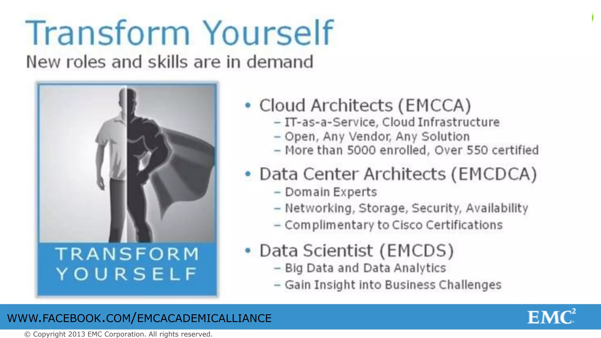 © Copyright 2013 EMC Corporation. All rights reserved.
WWW.FACEBOOK.COM/EMCACADEMICALLIANCE
 