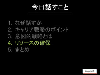 1. なぜ話すか
2. キャリア戦略のポイント
3. 意図的戦略とは
4. リソースの確保
5. まとめ
今日話すこと
 