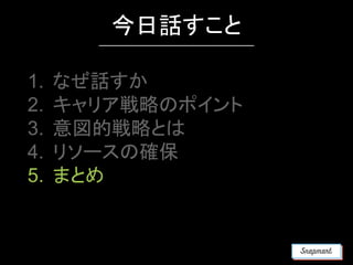 1. なぜ話すか
2. キャリア戦略のポイント
3. 意図的戦略とは
4. リソースの確保
5. まとめ
今日話すこと
 
