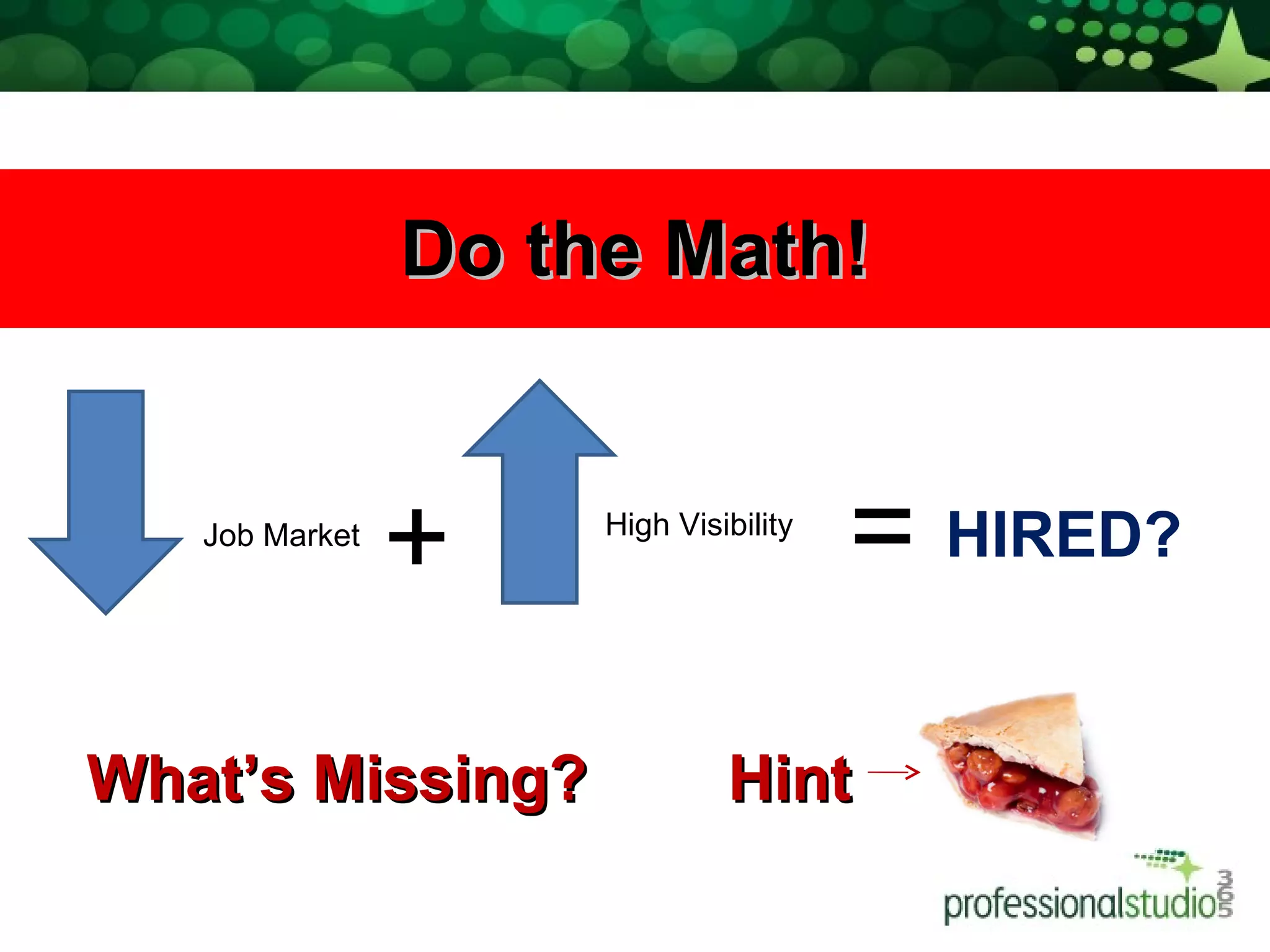 Do the Math! Job Market + High Visibility  = HIRED? What’s Missing?  Hint  