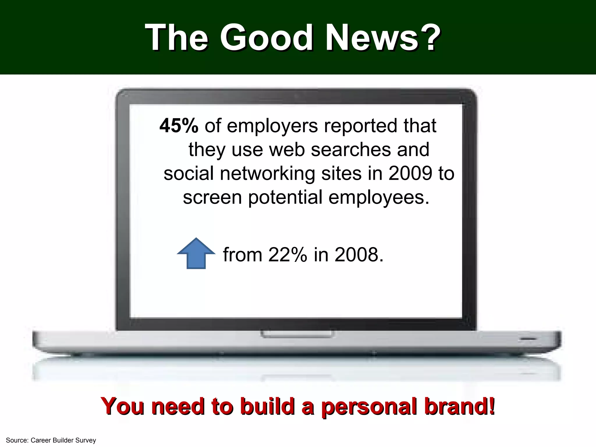 The Good News?  You need to build a personal brand! 45%  of employers reported that they use web searches and social networking sites in 2009 to screen potential employees.  from 22% in 2008.  Source: Career Builder Survey 