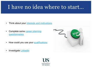 • Think about your interests and motivations
• Complete some career planning
questionnaires
• How could you use your qualifications
• Investigate LinkedIn
I have no idea where to start…
 