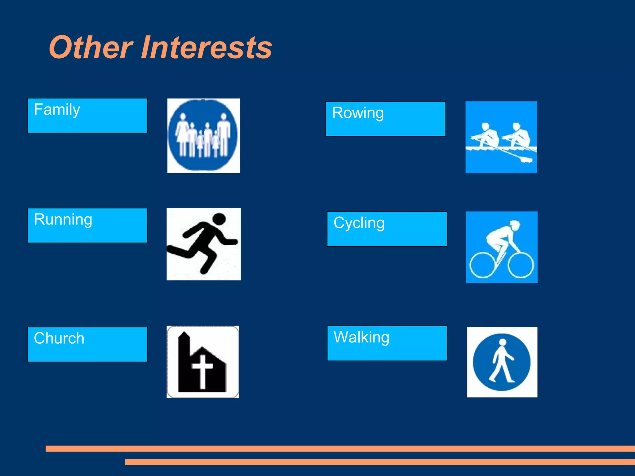 Other Interests
Family             Rowing




Running            Cycling




Church             Walking
 