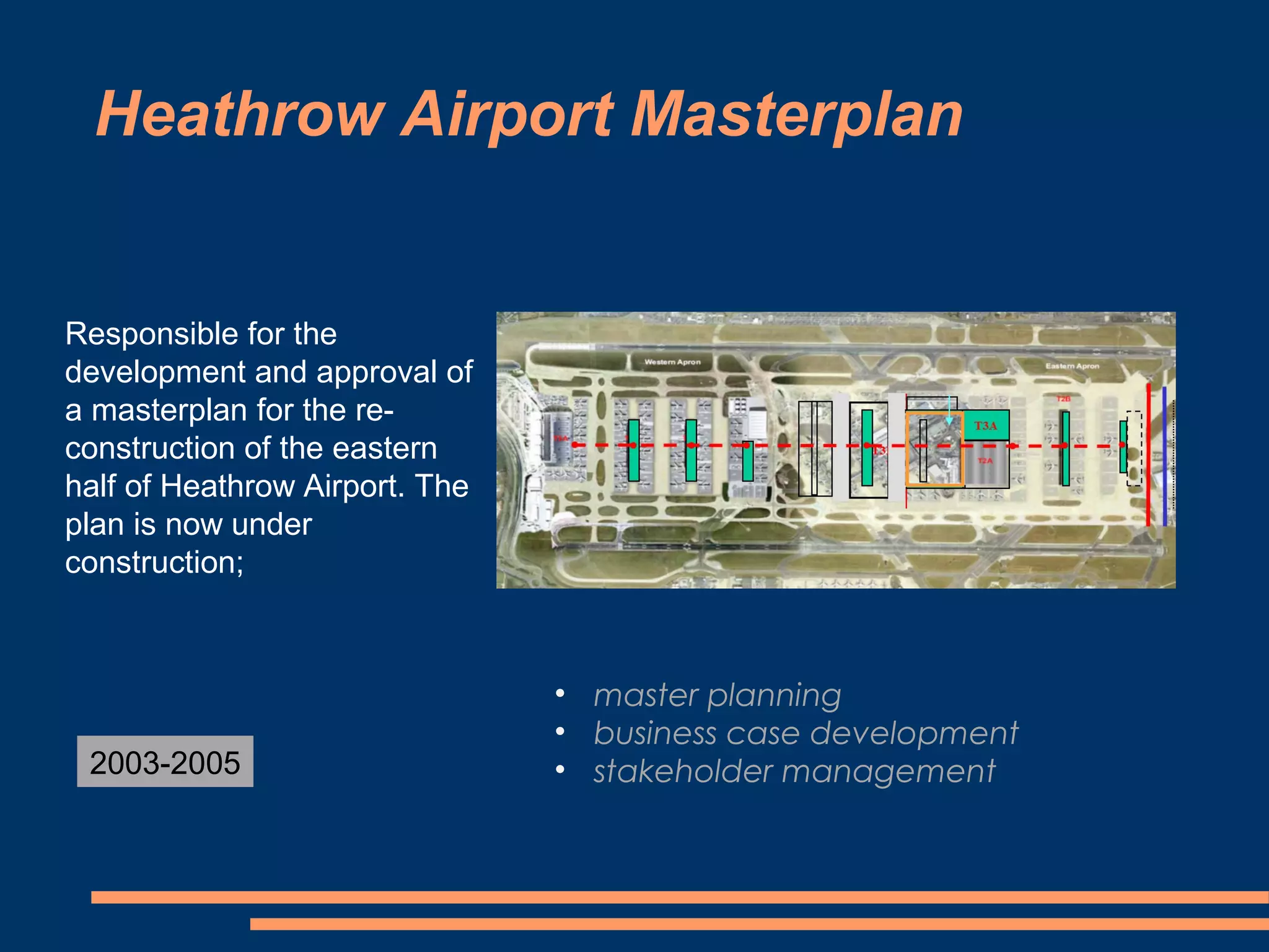 Heathrow Airport Masterplan


Responsible for the
development and approval of
a masterplan for the re-
construction of the eastern
half of Heathrow Airport. The
plan is now under
construction;



                                • master planning
                                • business case development
 2003-2005                      • stakeholder management
 
