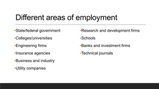 Different areas of employment
•State/federal government
•Colleges/universities
•Engineering firms
•Insurance agencies
•Business and industry
•Utility companies
•Research and development firms
•Schools
•Banks and investment firms
•Technical journals
 