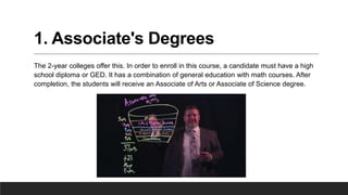 1. Associate's Degrees
The 2-year colleges offer this. In order to enroll in this course, a candidate must have a high
school diploma or GED. It has a combination of general education with math courses. After
completion, the students will receive an Associate of Arts or Associate of Science degree.
 