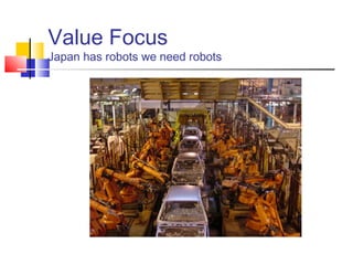Value Focus
Japan has robots we need robots
 