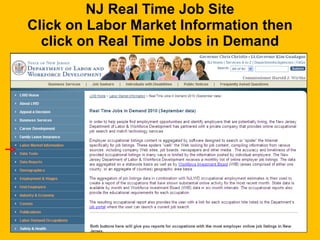 NJ Real Time Job Site Click on Labor Market Information then click on Real Time Jobs in Demand Using the NJ Department of Labor’s Real Time Jobs On Demand Site 