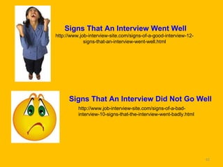 Signs That An Interview Went Well http://www.job-interview-site.com/signs-of-a-good-interview-12-signs-that-an-interview-went-well.html Signs That An Interview Did Not Go Well http://www.job-interview-site.com/signs-of-a-bad-interview-10-signs-that-the-interview-went-badly.html 