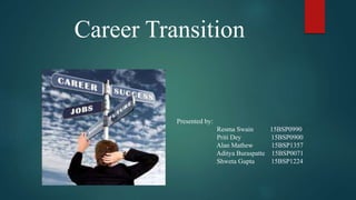 Career Transition
Presented by:
Resma Swain 15BSP0990
Priti Dey 15BSP0900
Alan Mathew 15BSP1357
Aditya Buraspatte 15BSP0071
Shweta Gupta 15BSP1224
 