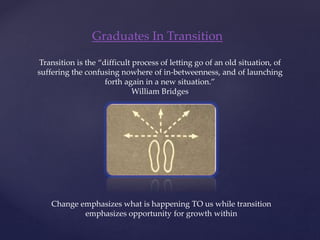 Graduates In Transition
Transition is the “difficult process of letting go of an old situation, of
suffering the confusing nowhere of in-betweenness, and of launching
forth again in a new situation.”
William Bridges
Change emphasizes what is happening TO us while transition
emphasizes opportunity for growth within
 