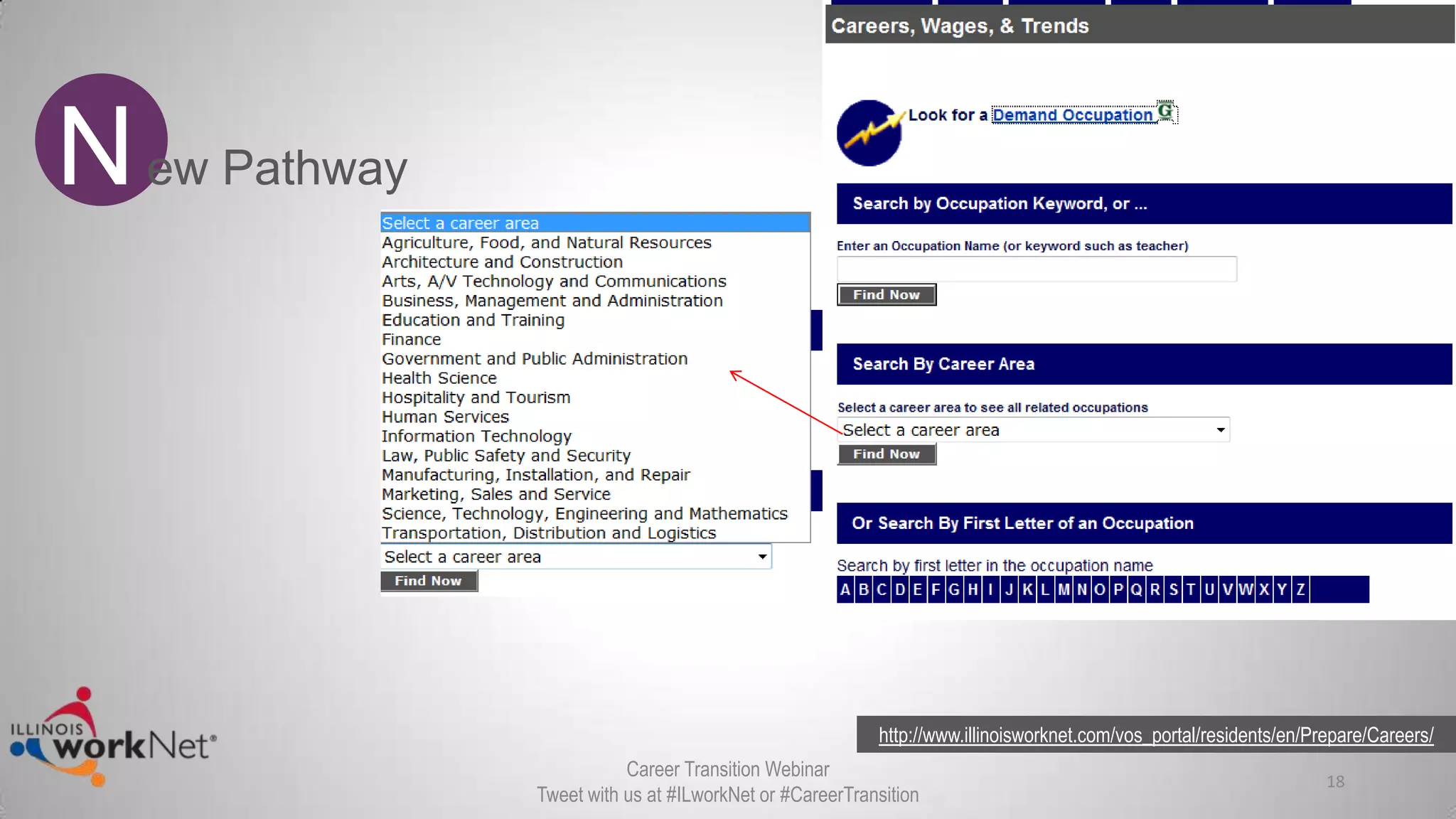 18
New Pathway
Career Transition Webinar
Tweet with us at #ILworkNet or #CareerTransition
http://www.illinoisworknet.com/vos_portal/residents/en/Prepare/Careers/
 