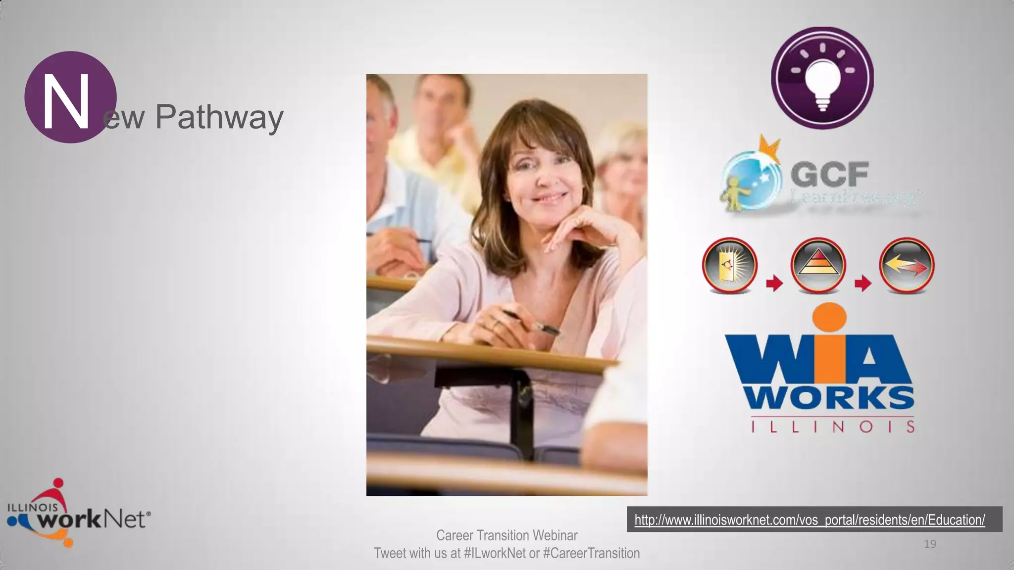 http://www.illinoisworknet.com/vos_portal/residents/en/Education/
19
New Pathway
Career Transition Webinar
Tweet with us at #ILworkNet or #CareerTransition
 