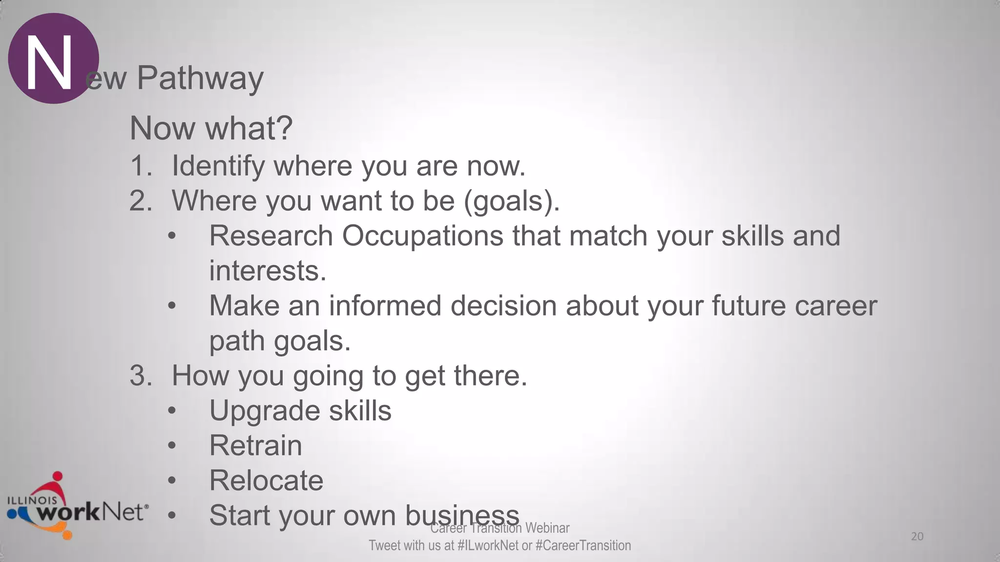 20
New Pathway
Career Transition Webinar
Tweet with us at #ILworkNet or #CareerTransition
Now what?
1. Identify where you are now.
2. Where you want to be (goals).
• Research Occupations that match your skills and
interests.
• Make an informed decision about your future career
path goals.
3. How you going to get there.
• Upgrade skills
• Retrain
• Relocate
• Start your own business
 