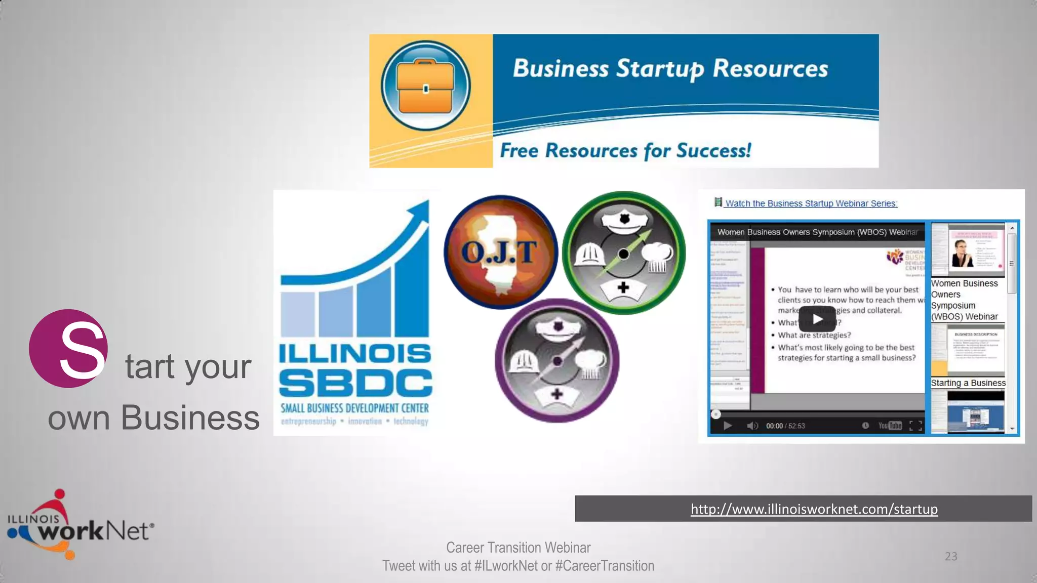 http://www.illinoisworknet.com/startup
23
S tart your
own Business
Career Transition Webinar
Tweet with us at #ILworkNet or #CareerTransition
 