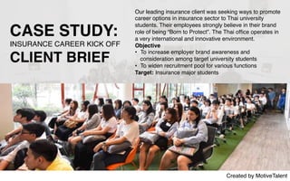 Created by MotiveTalent
CASE STUDY:
INSURANCE CAREER KICK OFF
CLIENT BRIEF
Our leading insurance client was seeking ways to promote
career options in insurance sector to Thai university
students. Their employees strongly believe in their brand
role of being “Born to Protect”. The Thai ofﬁce operates in
a very international and innovative environment.
Objective
•  To increase employer brand awareness and
consideration among target university students
•  To widen recruitment pool for various functions
Target: Insurance major students
 