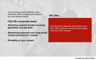 Created by MotiveTalent
You’re looking to build employer brand
awareness while managing your budget in
the most efﬁcient manner
Annual career conference that reaches more
than 1000+ students in exposure and engage
more than 300+ students
•  Attracting massive number of young
generation and eye balls
•  Maintaining exposure over long period
of time (minimum of 1 month)
•  PR-ability of your content
WE offer…
YOU’RE concerned about
 