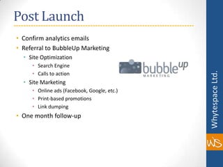 Post LaunchConfirm analytics emailsReferral to BubbleUp MarketingSite OptimizationSearch EngineCalls to actionSite MarketingOnline ads (Facebook, Google, etc.)Print-based promotionsLink dumpingOne month follow-up