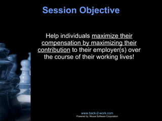 Session Objective Help individuals  maximize their compensation by maximizing their contribution  to their employer(s) over the course of their working lives! www.back-2-work.com Powered by: Moxxe Software Corporation 