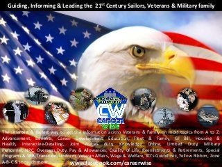 Guiding, Informing & Leading the 21st Century Sailors, Veterans & Military family




The smartest & fastest way to get the information across Veterans & Family on most topics from A to Z:
Advancement, Benefits, Career Development, Education, Fleet & Family, GI Bill, Housing &
Health, Interactive-Detailing, Joint Forces duty, Knowledge Online, Limited Duty, Military
Personnel, NPC, Overseas Duty, Pay & Allowances, Quality of Life, Reenlistments & Retirements, Special
Programs & SRB, Transition, Uniform, Veteran Affairs, Wage & Welfare, XO’s Guidelines, Yellow Ribbon, Zone
A-B-C & so much more.            www.facebook.com/careerwise
 