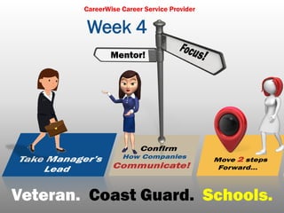 Week 4
CareerWise Career Service Provider
Mentor!
Veteran. Coast Guard. Schools.
 