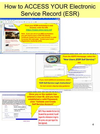 How to ACCESS YOUR Electronic
     Service Record (ESR)
                                                                             NSIPS Help Desk Contact Information:
                                                                             Toll Free: 877- 589-5991, Comm:
                           From your NCMI workstation’s web                  504-697- 5442, DSN: 647-5442, Fax:
                                browser, enter the URL                       Comm: 504-697- 3007/0342, DSN: 647-
                               https://nsips.nmci.navy.mil                   3007/0342, e-mail:
                                                                             Nsipshelpdesk@navy.mil
                     Note: If you are not on an NMCI workstation,
                     you will need to have a DOD PKI identity
                     certificate loaded into your web browser in order
                     to access this web page. Contact your Local
                     Registration Authority (LRA).




                                                                             From the NSIPS Homepage, select the
                                                                             “New Users (ESR Self Service)”
                                                                                            link




                                              If you need additional assistance, select
                                              “ESR Self-Service Login Instructions”
                                               for text version step-by-step guidance




                                  Once you or the system has
                                entered a User ID, and you have
                                 established a valid Password,
                                   click “Validate and Create
  111-11-1111
                                     Self Service Account”
                                 1975/10/13
   SAILOR, JOSEPH ALBERT III

   Joseph.a.sailor3@navy.mil
    (619) 555-1212


   sAILO1111
   **********
   **********




                                                                                                            4
 