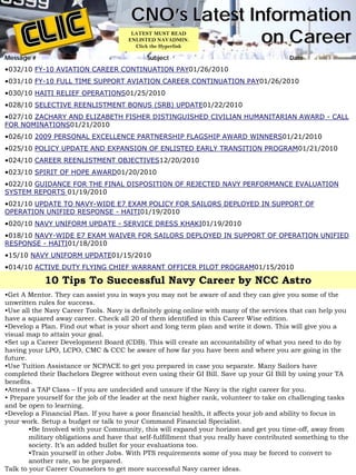 CNO’s Latest Information
                                                       on Career
                                        LATEST MUST READ
                                       ENLISTED NAVADMIN.
                                         Click the Hyperlink

Message #                                    Subject                                      Date
•032/10 FY-10 AVIATION CAREER CONTINUATION PAY01/26/2010
•031/10 FY-10 FULL TIME SUPPORT AVIATION CAREER CONTINUATION PAY01/26/2010
•030/10 HAITI RELIEF OPERATIONS01/25/2010
•028/10 SELECTIVE REENLISTMENT BONUS (SRB) UPDATE01/22/2010
•027/10 ZACHARY AND ELIZABETH FISHER DISTINGUISHED CIVILIAN HUMANITARIAN AWARD - CALL
FOR NOMINATIONS01/21/2010
•026/10 2009 PERSONAL EXCELLENCE PARTNERSHIP FLAGSHIP AWARD WINNERS01/21/2010
•025/10 POLICY UPDATE AND EXPANSION OF ENLISTED EARLY TRANSITION PROGRAM01/21/2010
•024/10 CAREER REENLISTMENT OBJECTIVES12/20/2010
•023/10 SPIRIT OF HOPE AWARD01/20/2010
•022/10 GUIDANCE FOR THE FINAL DISPOSITION OF REJECTED NAVY PERFORMANCE EVALUATION
SYSTEM REPORTS 01/19/2010
•021/10 UPDATE TO NAVY-WIDE E7 EXAM POLICY FOR SAILORS DEPLOYED IN SUPPORT OF
OPERATION UNIFIED RESPONSE - HAITI01/19/2010
•020/10 NAVY UNIFORM UPDATE - SERVICE DRESS KHAKI01/19/2010
•018/10 NAVY-WIDE E7 EXAM WAIVER FOR SAILORS DEPLOYED IN SUPPORT OF OPERATION UNIFIED
RESPONSE - HAITI01/18/2010
•15/10 NAVY UNIFORM UPDATE01/15/2010
•014/10 ACTIVE DUTY FLYING CHIEF WARRANT OFFICER PILOT PROGRAM01/15/2010

            10 Tips To Successful Navy Career by NCC Astro
•Get A Mentor. They can assist you in ways you may not be aware of and they can give you some of the
unwritten rules for success.
•Use all the Navy Career Tools. Navy is definitely going online with many of the services that can help you
have a squared away career. Check all 20 of them identified in this Career Wise edition.
•Develop a Plan. Find out what is your short and long term plan and write it down. This will give you a
visual map to attain your goal.
•Set up a Career Development Board (CDB). This will create an accountability of what you need to do by
having your LPO, LCPO, CMC & CCC be aware of how far you have been and where you are going in the
future.
•Use Tuition Assistance or NCPACE to get you prepared in case you separate. Many Sailors have
completed their Bachelors Degree without even using their GI Bill. Save up your GI Bill by using your TA
benefits.
•Attend a TAP Class – If you are undecided and unsure if the Navy is the right career for you.
• Prepare yourself for the job of the leader at the next higher rank, volunteer to take on challenging tasks
and be open to learning.
•Develop a Financial Plan. If you have a poor financial health, it affects your job and ability to focus in
your work. Setup a budget or talk to your Command Financial Specialist.
        •Be Involved with your Community, this will expand your horizon and get you time-off, away from
        military obligations and have that self-fulfillment that you really have contributed something to the
        society. It’s an added bullet for your evaluations too.
        •Train yourself in other Jobs. With PTS requirements some of you may be forced to convert to
        another rate, so be prepared.
Talk to your Career Counselors to get more successful Navy career ideas.
 