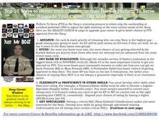 Perform To Serve (PTS) is the Navy's screening process to retain only the outstanding or
                         excellent performer AND to adjust the right manning or the most current needs of the Navy.
                         Here are the REALITY CHECK & ways to upgrade your career & get a better chance of PTS
                         approval from the Navy:

                          1. ADVANCE: the rack & stack priority of choosing who can stay Navy is the highest pay-
                         grade among your group or zone. An E5 will be pick versus an E4 even if they are both, let us
                         say 4 years in the Navy (same year group).
                         2. STUDY: the more you know your rate, the more chance of you getting selected & the
                         frocked Sailors are priority than those who were not selected-not yet advanced from the most
                         recent exam cycle.
                         3. GET RANK ON EVALUATION: Although the remarks section of Sailor's evaluation is the
                         biggest block (43) in NAVPERS 1616/26, Block 45 is the most important criteria to get you
                         selected on PTS. You must know your command's mission in order see how you can get an
                         Early Promote (EP) or Must Promote (MP). A Promotable Sailor has lesser chance of getting
                         approved to Stay Navy. The more EP you have in the last 5 evaluations, the better your
                         chances of staying Navy BUT it is not always a guarantee especially if there is no conversion
                         option.
                         4. FLEXIBILITY or PROFICIENCY IN OTHER SKILLS: You must develop other skills other
                         than your rating. For example, a Yeoman (Admin skills) must be able to become a Logistic
     Navy Career         Specialist (Supply) within 12 months notice. You must prepare yourself to convert your
       Wisdom            rating every 4 or 6 years unless you excel or get an EP or MP on current rate at the right
  "Excellence is the     manning (not CREO 3), consistently. Expand your choices of rating by having a higher
   gradual result of     ASVAB scores (see #9).
always striving to do    5. GET SPECIALIZED: Having a critical NEC (Navy Enlisted Classification) makes you more
 better. " - Pat Riley   essential for the Navy. Develop your skills by going through specialized training.
                         Unfortunately not all ratings have certain critical NECs. (Continue to next page)

For more current Career & Benefits information go & LIKE http://www.facebook.com/CAREERWISE
 