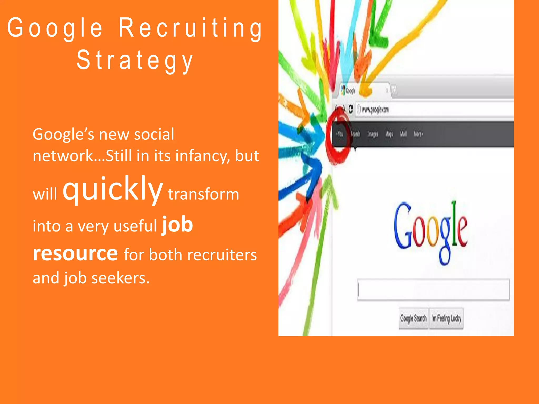 Google Recruiting
    Strategy

 Google’s new social
 network…Still in its infancy, but

 will   quickly transform
 into a very useful job
 resource for both recruiters
 and job seekers.
 